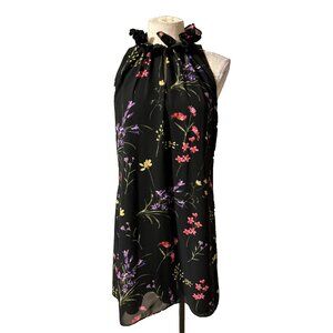 Tahari Dress 10 Black Multi Floral Ruffle Neck Shift Flowy Sleeveless Summer
